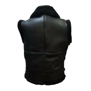 <b>Mens</b> winter flight fur shearling sheepskin <b>black</b> leather <b>vest</b> warm outerwear premium quality vintage style cozy apparel - Product Image 2