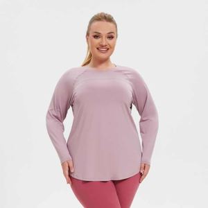 Top de Yoga de manga larga que absorbe la humedad de talla grande para mujer, nueva malla de retazos, diseño de dobladillo curvo, Top deportivo transpirable para Fitness - Product Image 3