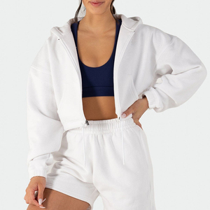 Sudaderas con capucha recortadas con logotipo personalizado para correr, ropa de mujer, manga extragrande, tela de terciopelo, con capucha, cortas, informales, de punto, antibolitas - Product Image 2