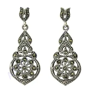 Vintage Style 925 Silver Marcasite <b>Dangle</b> <b>Earrings</b> Gold Plated Pendant Drop <b>Earrings</b> Shell <b>Pearl</b> Diamond Main Stones Gold - Product Image 2