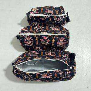Lujo negro Vintage Floral Handblock estampado para bolsas Set 3 artesanales 100% algodón Premium medio impermeable - Product Image 2