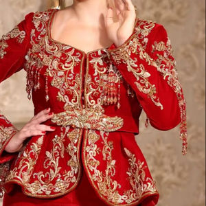 2025@Traditional Algerian Red <b>Jacket</b> and Karakou Dress Embroidery with Crystal Glass Beads Stones Pearls and Dabka Zari Handwork - Product Image 1