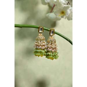 Boucles d'oreilles à la mode Jhumki perlées Kundan Jadau de couleur pastel - Product Image 2