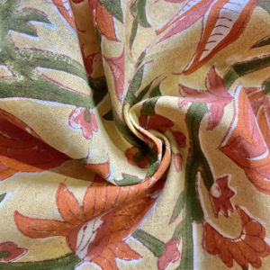 Mustard <b>Yellow</b> Hand Block Printed Cotton <b>Fabric</b> Orange Floral Vine Design - Product Image 1