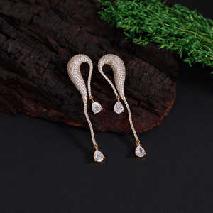 White American Diamond <b>Drop</b> <b>Earrings</b> with <b>Gold</b> Plated Brass 7.00 CM Length - Product Image 1