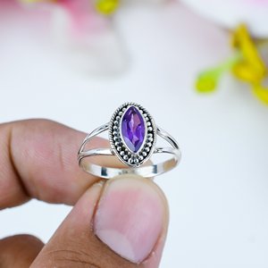 Nueva llegada Natural amatista piedra preciosa joyería anillo Vintage plateado hecho a mano joyería anillo 925 plata esterlina Marquesa anillo - Product Image 1