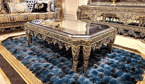 Juego de Sofás Chesterfield de 7 Plazas en Madera de Teca Sólida, Ecológica, Duradera y de Lujo, Color Azul Dorado Tallado, con Mesa de Centro para Sala de Estar o Villa - Product Image 4