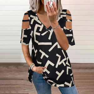 Camiseta estampada con cremallera frontal, camiseta informal de manga corta para primavera y verano, hecha de poliéster y elastano, lavable a máquina - Product Image 1