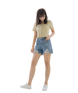 2024 vente en gros de haute qualité femmes Denim Jean Shorts taille moyenne décontracté Streetwear Style lavé Techniques - Product Image 1