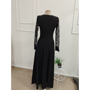 Robe longue en crêpe scintillant à manches longues et col en V pour femme, 37326 - Noir - Product Image 5