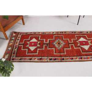 Turkish Vintage Rug, 2.7x10.2 ft Herki Rug, <b>Red</b> <b>Runner</b> Animal Print Rug - Product Image 4