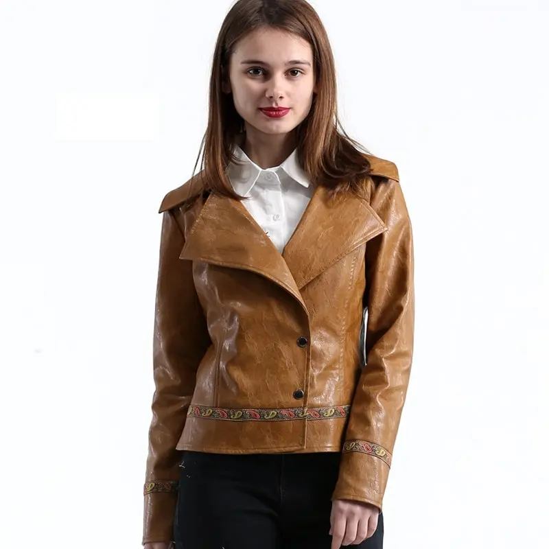 Primavera Otoño de gran tamaño Stand Collar moda cremallera chaqueta señoras Slim All-match PU abrigo de cuero Top mujeres Color sólido