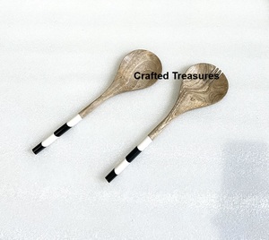 Eco friendly Wood & Resin cutlery Salad Server Set Resin Handle Spoon And Fork Set <b>For</b> Kitchenware & Dinnerware <b>Decoration</b> <b>Item</b> - Product Image 1