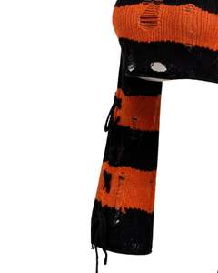 Customized Orange Black Striped Distressed <b>Crochet</b> Knit Cropped Sweater Women <b>Long</b> Flare Sleeve Lace Up Hollow Fashion Top - Product Image 3