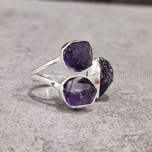 Bijoux en pierre brute Bague pour femme Améthyste brute naturelle Pierre précieuse Février Pierre de naissance Bijoux en pierre triple Bague en argent sterling 925 - Product Image 2