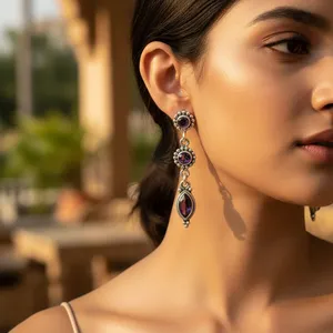 Boucles d'oreilles pendantes tendance en argent sterling 925 plaqué or avec améthyste pour femme, fermeture à crochet, bijoux à porter au quotidien, idéales pour offrir - Product Image 1