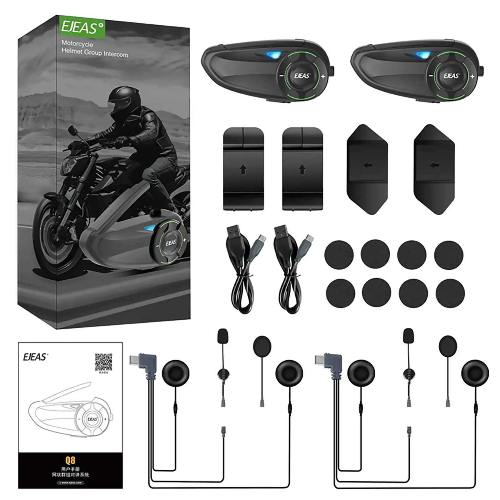 EJEAS Q8 iletişim sistemi 2-6 biniciler 1000M FM motosiklet interkom motosiklet kask için Bluetooth kulaklık kulaklık