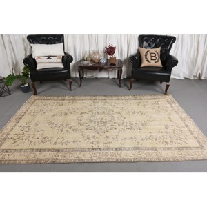 Alfombra de lana turca Vintage clásica beige marrón hecha a mano 5x8,5 pies alfombra de área respaldo de látex patrón de retazos para dormitorio pasillo - Product Image 2