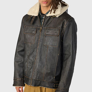 Veste en cuir avec col montant en laine, veste décontractée d'hiver pour homme, manteau imperméable en fourrure de mouton, style aviateur d'hiver pour homme - Product Image 4