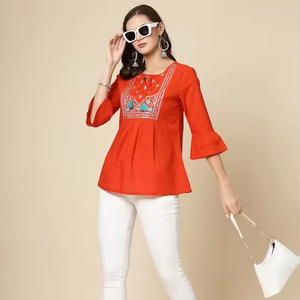 Más vendidos Étnico Bordado Tie-Up Cuello Campana Mangas Reunidos Algodón Casual Top Wear Mujer Ligero algodón Kurti - Product Image 1
