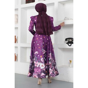 Vestido de Noche Morado con Estampado Floral de Puntos, 100% Poliéster Satinado, Talla XS, Corte en A, Maxi, Estilo de Fiesta, Sin Tejido, MSW12251-1 - Product Image 5