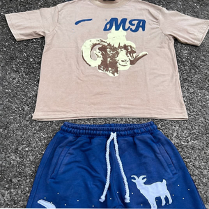 Camiseta de verano para hombre con pantalones cortos de mezclilla Estampado informal Manga corta de gran tamaño 2 piezas Traje de hombre de EE. UU. Ropa deportiva Conjunto corto de algodón - Product Image 1