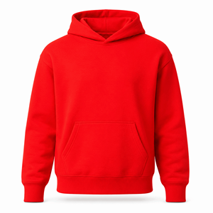 Premium Bright <b>Red</b> Stringless Pullover <b>Hoodie</b> Heavyweight Regular Fit <b>Men</b> Unisex Cotton Fleece Drop Shoulder Kangaroo Pocket - Product Image 1