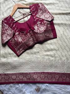 Sari de seda Dola pura de diseñador con borde de tejido Zari, Fiesta tradicional india y función de boda. - Product Image 6