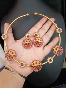 Indian Manufacturer's Gold Plated Kundan Hasli Necklace Set Cute Zircon <b>Jewellery</b> for Wedding Parties Women Girls - Product Image 3