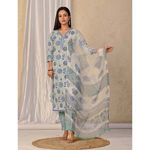 White Jaal <b>Block</b> <b>Printed</b> Cotton Anarkali Suit Elegant Ethnic Salwar Pant Set for Parties Special Occasions Latest Designs Net - Product Image 3
