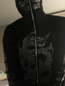 Sweat à capuche en polaire délavée vintage personnalisé pour hommes avec fermeture éclair au soleil en strass avec broderie d'appliques en détresse intense Streetwear pour l'hiver - Product Image 6