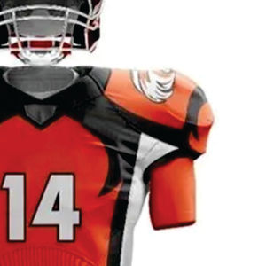 Uniforme de fútbol para hombre personalizado naranja blanco y negro Conjunto de jersey y pantalones de fútbol americano, Sarga de aparejos sublimados - Product Image 4