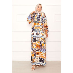 Navy Blue Floral Patterned Viscose <b>Dress</b> Plus Size <b>Loose</b> Silhouette with Dropped Waistline Chic Chiffon Floral Print Fashion - Product Image 4