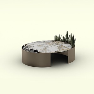Contemporary <b>Round</b> Ceramic Coffee <b>Table</b> <b>Gold</b> Bronze Metal Frame Cocktail <b>Table</b> for Villa Hotel - Product Image 1