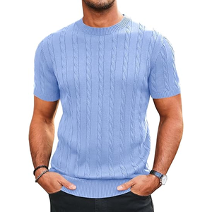 Runcati Hommes Tricot À Manches Courtes T-shirt Pour Hommes Casual Ras Du Cou Slim Fit Chemise Câble Tricoté Stretch Pull T-shirts - Product Image 5