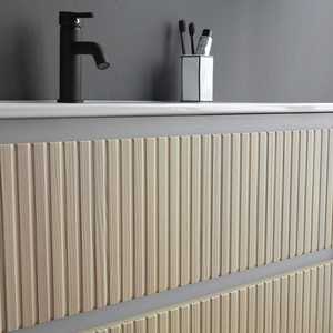 Meuble de salle de bain mural en bois cannelé de 100 cm avec 2 tiroirs et miroir minimaliste Bali de 100x60 cm, ensemble de salle de bain - Product Image 4