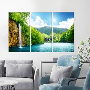 Impresión de Cascada en un Bosque Profundo sobre Lienzo - Elegante Arte de Pared con Paisaje, 3P: Enmarcado para Galería - Product Image 1