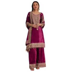 Vestito Palazzo ricamato in velluto rosa Magenta all'ingrosso abbigliamento etnico da donna OEM fornitore di abbigliamento personalizzato per feste - Product Image 3