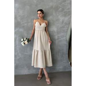 Vestido Casual al Por Mayor de Topshow, Diseño Largo con Tirantes y Cuello en V, Lino Crudo - Product Image 3