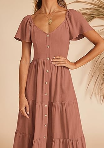 Robes midi tendance à ourlet étagé en rose poussiéreux, col en V, boutonnées sur le devant, manches courtes, coupe trapèze, décontractées, ajustées, vêtements pour femmes - Product Image 4