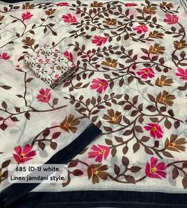 Soft Linen Cotton <b>Saree</b> with <b>Jamdani</b> prints Style Aari Mirror Work and Pallu Tassles for Women in Stock - Product Image 2