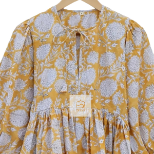 Jaune main bloc imprimé fleuri cheville longueur robe 100% pur coton décontracté été femmes longue Midi robe florale - Product Image 3