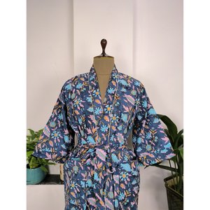Bata de Casa Boho Estampada a Mano, Kimono de Algodón Puro Indio, Manta de Playa Rosa, Azul, Amarillo, Hoja, para Mamá y - Product Image 3
