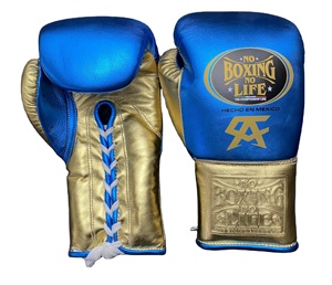 Gants de boxe professionnels OEM de qualité supérieure, faits à la main, bleu et or métalliques, à lacets, No Boxing No Life, CP-BG-140 - Product Image 1