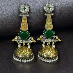 OM Fashion Studio tradicional India oxidado pendientes ligeros multifunción antiguo Oro Verde piedra estilo étnico colgante - Product Image 1