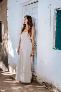 เดรสแขนกุดตรงเปิดหลังสำหรับผู้หญิงสวยชุดเดรสแม็กซี่แขนกุดสีขาวสไตล์โบฮีเมียน - Product Image 3