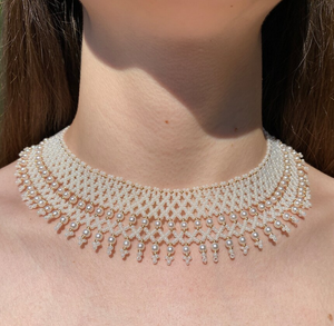 White Shining <b>Necklace</b>, Handmade <b>Beaded</b> <b>Necklace</b>, White Gold <b>Necklace</b> <b>Necklace</b>, Fringe <b>Beaded</b> Bandana - Product Image 2