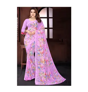 Recién llegados, hermoso Sari para mujer Georgette puro y fino con Pallu largo para uso diario del exportador indio