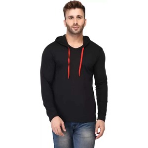 T-shirt à capuche de coupe régulière avec manches complètes T-shirt à capuche à manches longues T-shirt noir en coton mélangé Self Design - Product Image 1