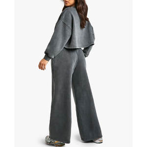 Conjunto de 2 piezas de forro polar de algodón para mujer, conjunto de chándal de gran tamaño para mujer, Conjunto de jogging transpirable con hombros caídos - Product Image 5